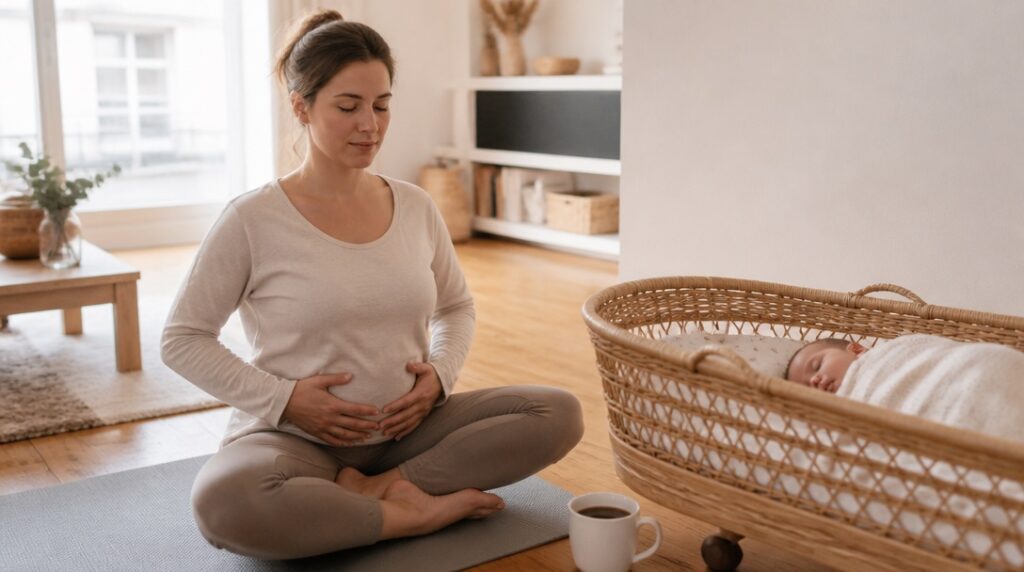 Jeune maman qui fait un exercice de respiration sur un tapis à côté de son bébé endormi