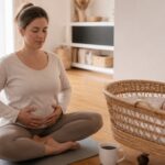 Jeune maman qui fait un exercice de respiration sur un tapis à côté de son bébé endormi