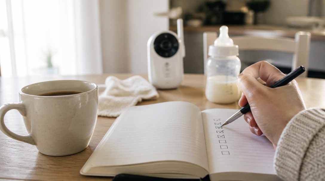 Carnet où l’on coche ses séances de rééducation du périnée, à côté d’un café et d’un babyphone